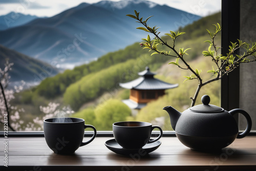 Authentic tea ceremony. Stylish minimalist still life with ceramic black teapot and cups on wooden windowsill.