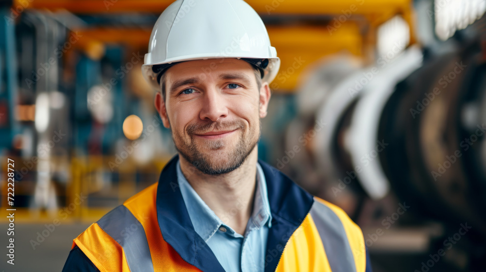 smiling male industrial worker wearing a safety helmet and reflective vest smiling male industrial worker wearing a safety helmet and reflective vest