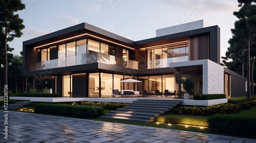 Modern luxury minimalist cubic house  villa with wooden cladding and white walls and landscaping design front yard. Residential architecture exterior.