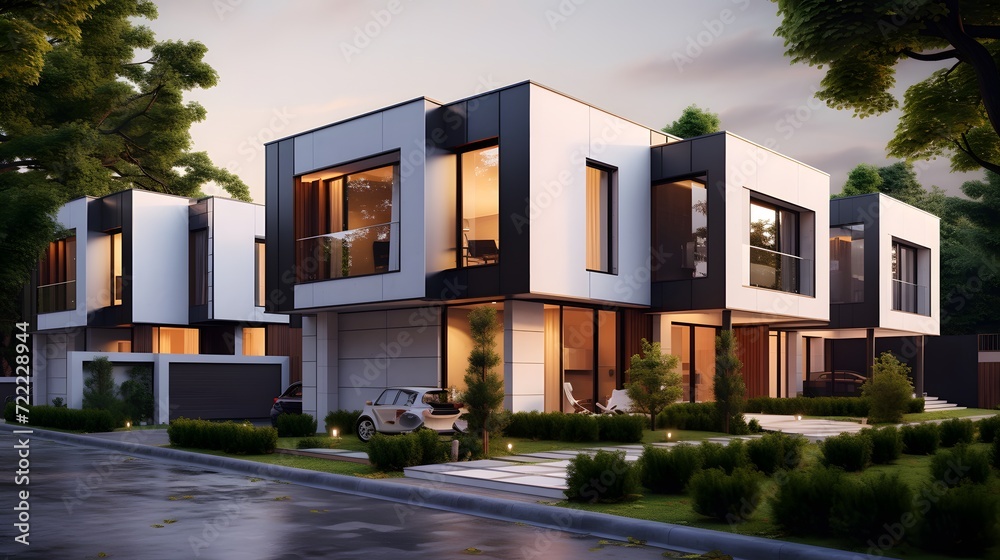 Modern modular private townhouses. Residential architecture exterior.