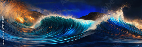 Big blue waves with abstract space and particles 