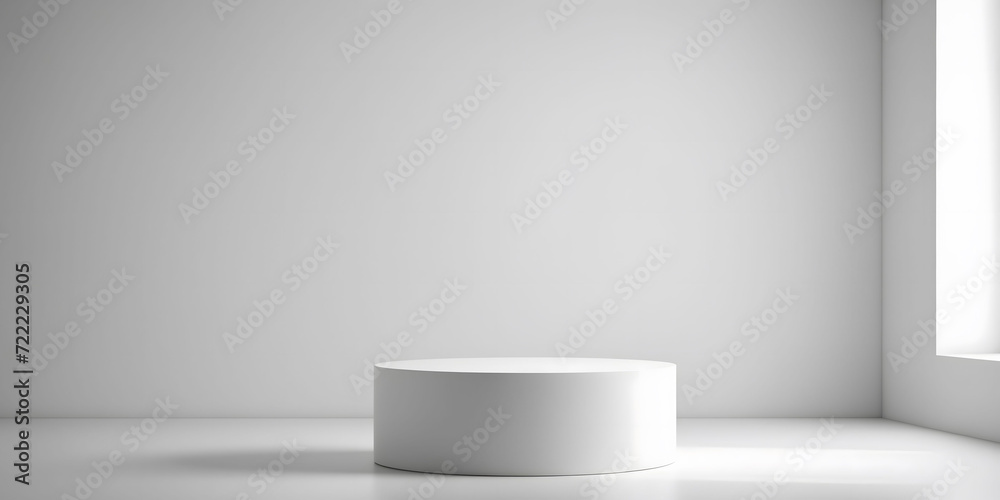 Abstract white round stand for product presentation on white background, empty room with shadows on podium Abstract white round stand for product presentation on white background, empty room with shadows on podium
