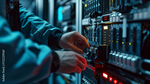 close-up of a person's hands working on a server or network equipment in a data center with blue lighting