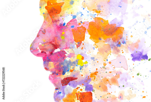 A paintography male profile in double exposure technique on a white background