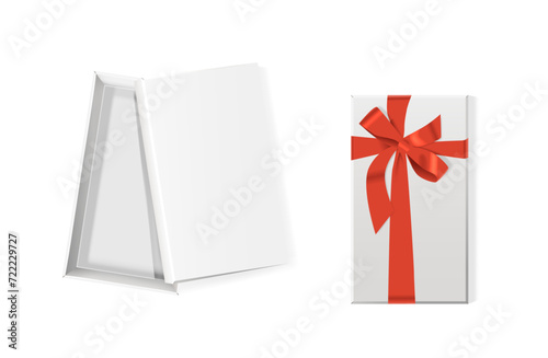 Top View Of An Elegant 3d White Gift Box Adorned With A Vibrant Red Bow and Carton Package Mockup Invitingly Open