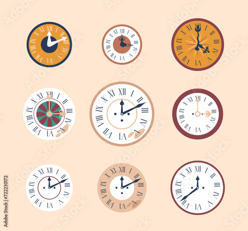 Vector Set Of Antique Clock Dials, Crafted With Precision, Showcase Intricate Designs And Ornate Roman Numerals