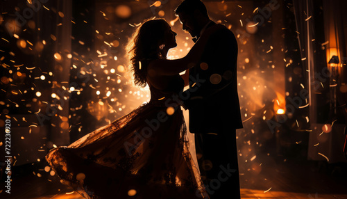An illustration of a silhouette of a couple dancing elegantly among glittering lights and a festive atmosphere. photo