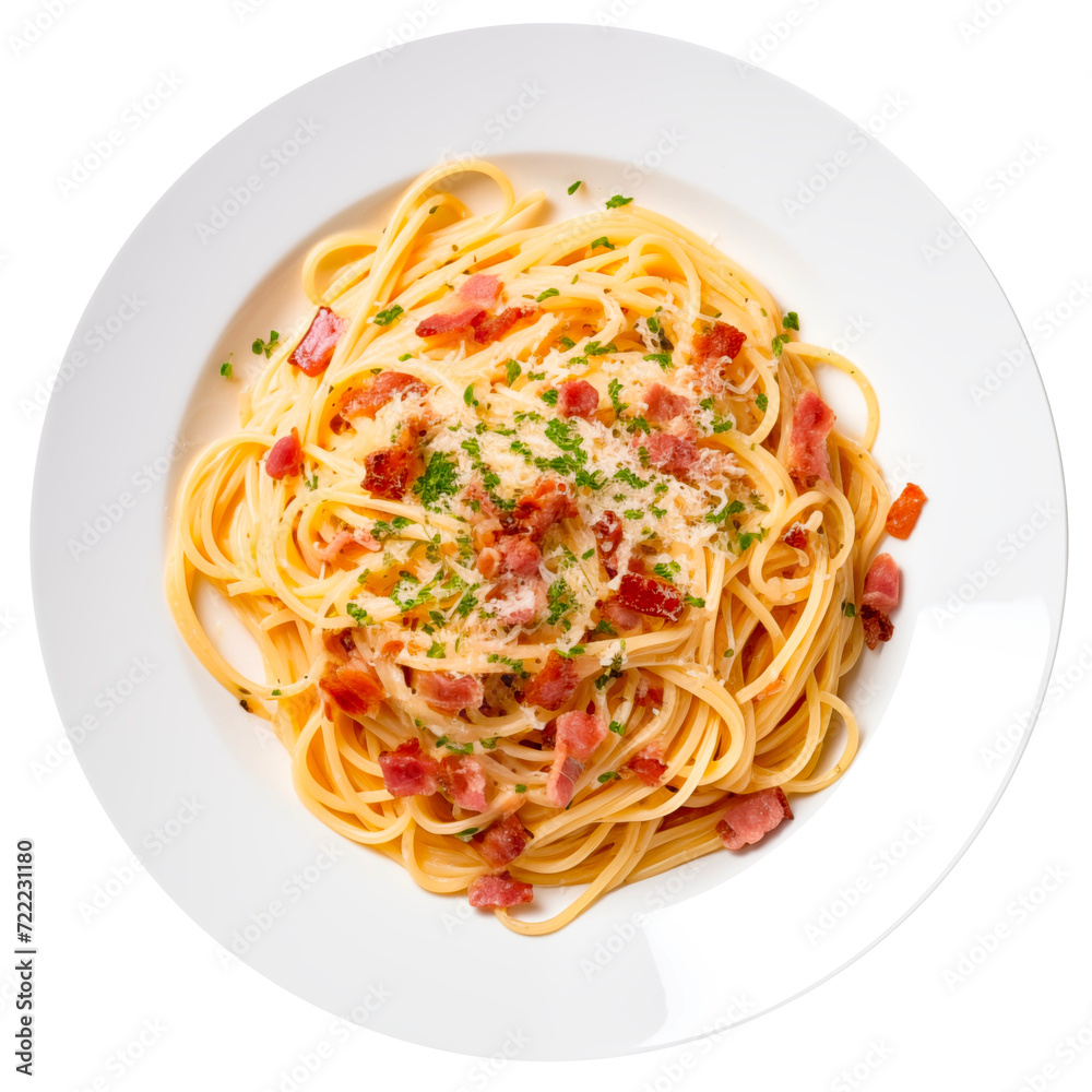 spaghetti carbonara with bacon on a white plate and a transparent background. top view. spaghetti carbonara with bacon on a white plate and a transparent background. top view.