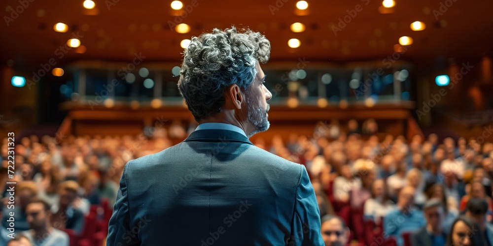 Speaker at business conference perform speech to audience