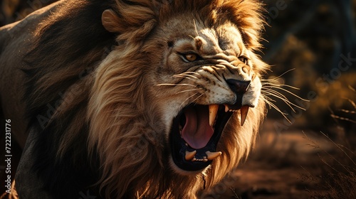 A stunning shot of a roaring lion during sunset in the African savanna. Generative AI Pro Photo