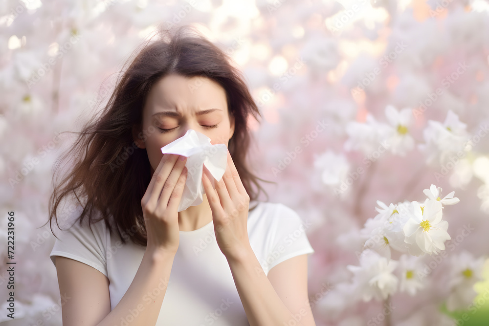 Pollen allergy concept with sneezing woman in fornt of blooming trees with spring flowers Pollen allergy concept with sneezing woman in fornt of blooming trees with spring flowers
