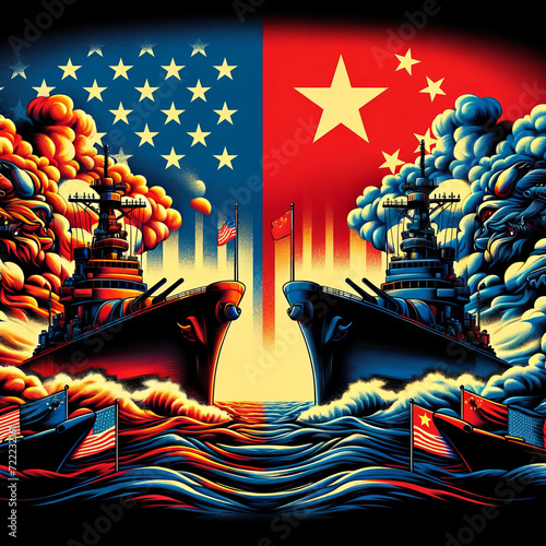 US and China Naval Standoff Illustration (Aspect Ratio: 1:1)