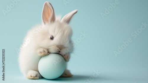 A small Easter bunny with an egg, a white cute fluffy rabbit on a blue background with a copy space