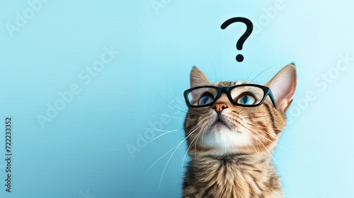 A puzzled cat with glasses with a question mark above his head on a blue background with a copy space