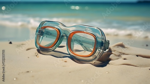 Snorkel divining glasses on the sand beach is fron of sea 
