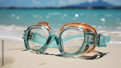 Snorkel divining glasses on the sand beach is fron of sea
 photo