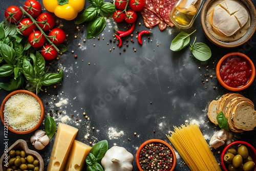Italian food ingredients frame on a dark background