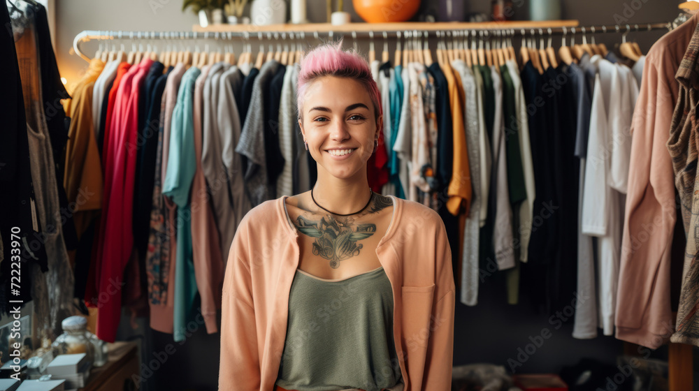 Cheerful tattooed young woman surrounded by clothes on racks