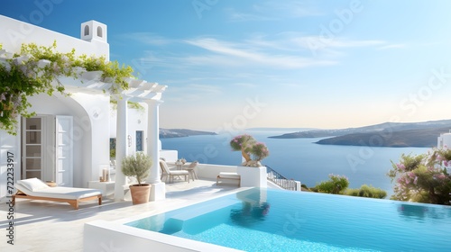 Traditional mediterranean white house with pool on hill with stunning sea view. Summer vacation background. © Ziyan