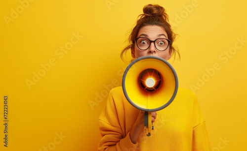 A girl with a mouthpiece shouts against a colorful background photo