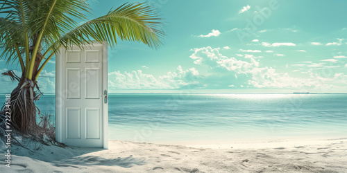 A white door on a sandy beach next to palm trees and azure sea, the concept of simply travelling open door to anywhere in the world photo
