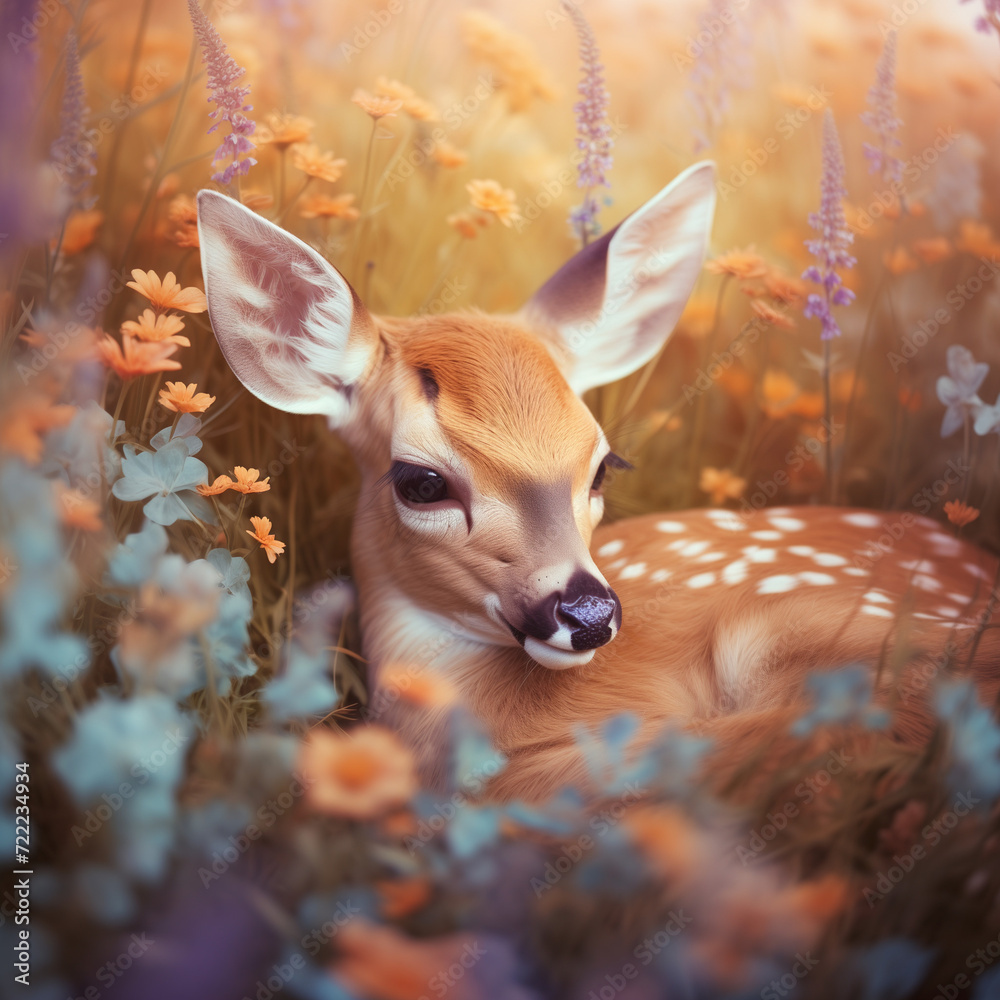Beautiful sunny day in the filds of flowers in spring with beautiful yang deer laying in it. Natural spring concept.