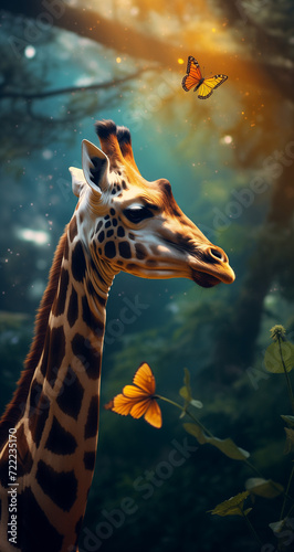 Giraffe in front of blue sky with flowers and butterflies. Spring natural concept.
