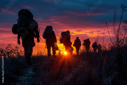 Illegal migrants crossing border at night. Refugees on country border. Immigration problem in USA.  Migration concept. Generated AI