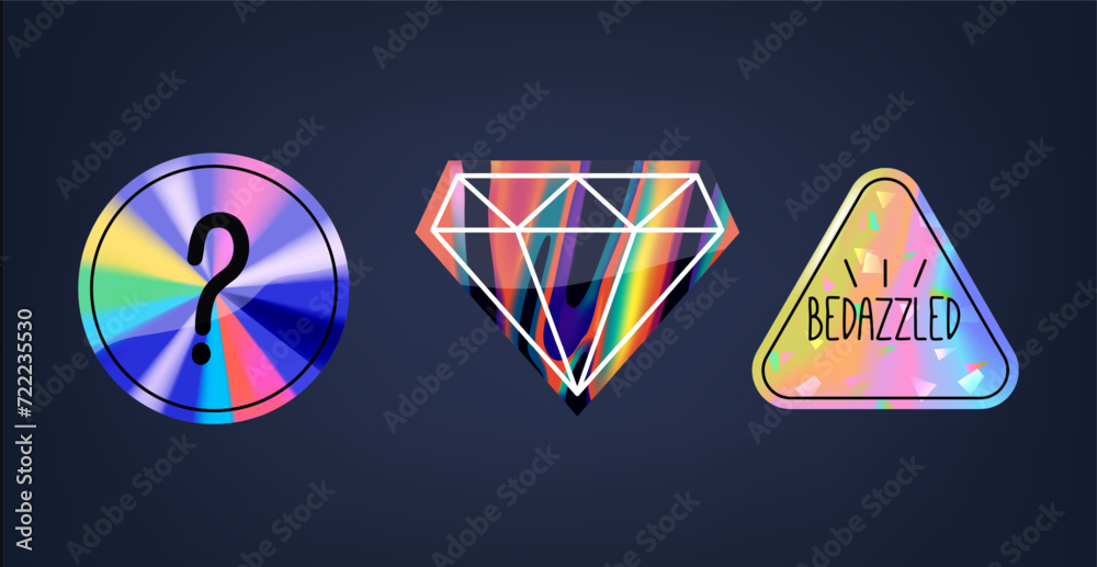 Naklejka premium Holographic Vector Stickers Utilize Light Diffraction To Create Vibrant, Eye-catching Visual Effects. Cd Disk, Diamond