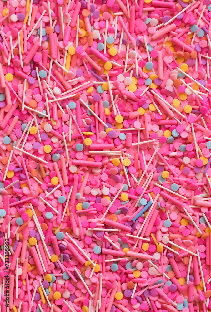Pink pattern backgrounds with pink or blue sweets and lolipops or candies. Happy party concept.