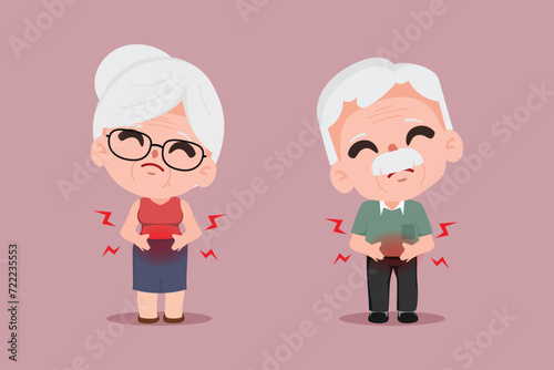 Elder Man and woman suffering from abdominal pain. Health Problem, Disease Symptoms and Unhealthy Body Sickness