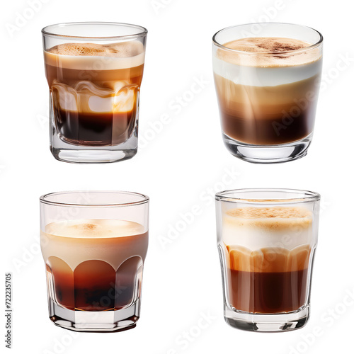 Collection of a minimalist photograph showcases the elegance of espresso in a clear glass, contrasted beautifully against a white backdrop, perfect for a morning boost. Transparent background, PNG