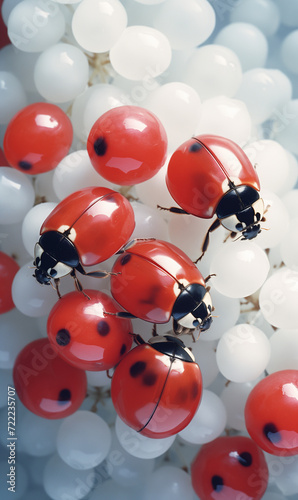 Ladybugs on a white flowers in spring time. 