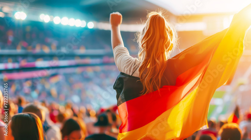 Young woman fan stands in stadium, arms raised high, holding Germany flag, embodying national pride and sports enthusiasm under sunset skies of eventful game day. Concept of sport competitions © KRISTINA KUPTSEVICH
