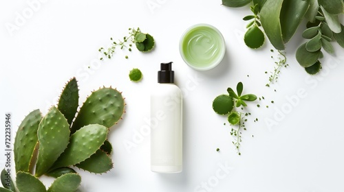 Flat lay composition of cactus skin care cream and cactus opuntia plant. Cactus Concentrate Beauty Cream. Natural organic cosmetics with prickly pear cactus extract. Sustainable. Green cosmetic