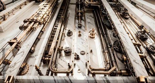 Abstract image of marble and mechanical parts of devices in steampunk style.