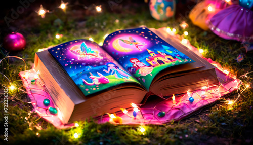 Festive Fairy Tales: Open Book and Christmas Lights.