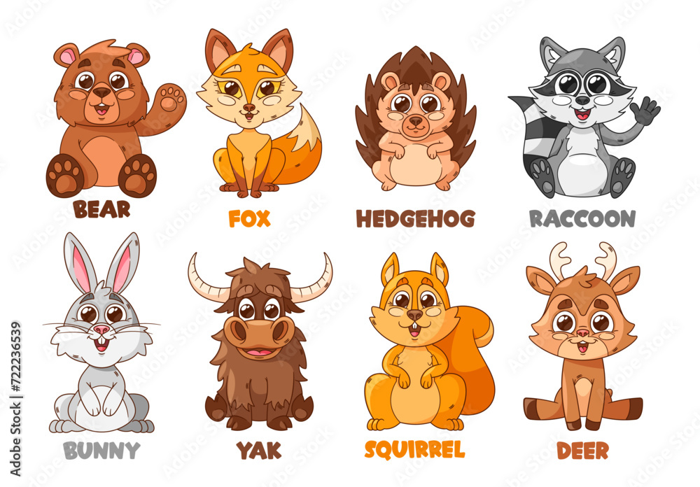Whimsical Cartoon Forest Animal Characters. Cute Charming Bear, Fox, Hedgehog and Raccoon. Bunny, Yak, Deer, Squirrel Whimsical Cartoon Forest Animal Characters. Cute Charming Bear, Fox, Hedgehog and Raccoon. Bunny, Yak, Deer, Squirrel