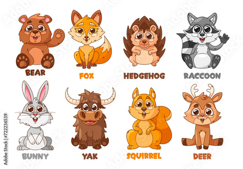 Whimsical Cartoon Forest Animal Characters. Cute Charming Bear, Fox, Hedgehog and Raccoon. Bunny, Yak, Deer, Squirrel
