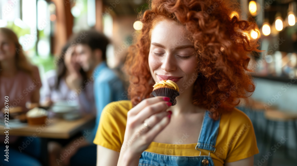woman with vibrant red curly hair is enjoying the scent of a cupcake woman with vibrant red curly hair is enjoying the scent of a cupcake