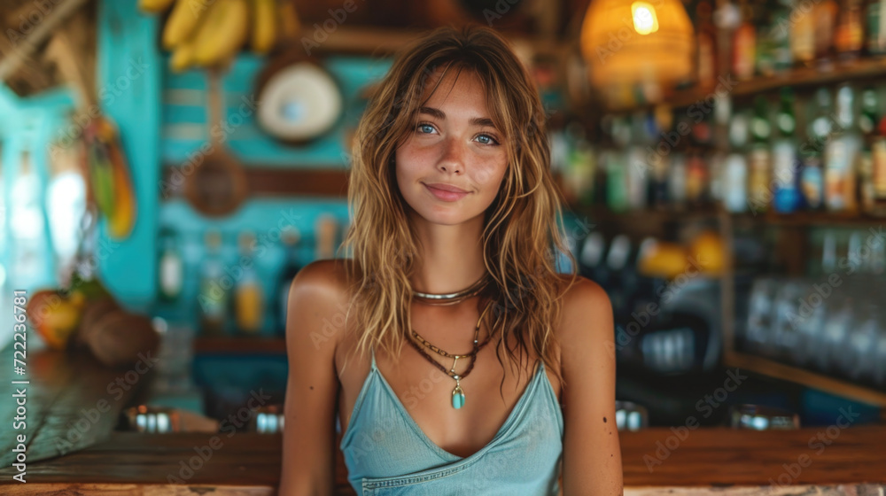 The young woman is enjoying a relaxing time, sipping on a beverage at the bar