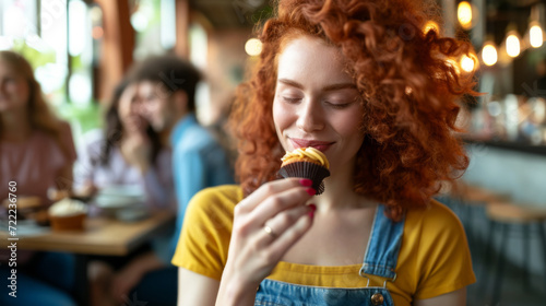 woman with vibrant red curly hair is enjoying the scent of a cupcake