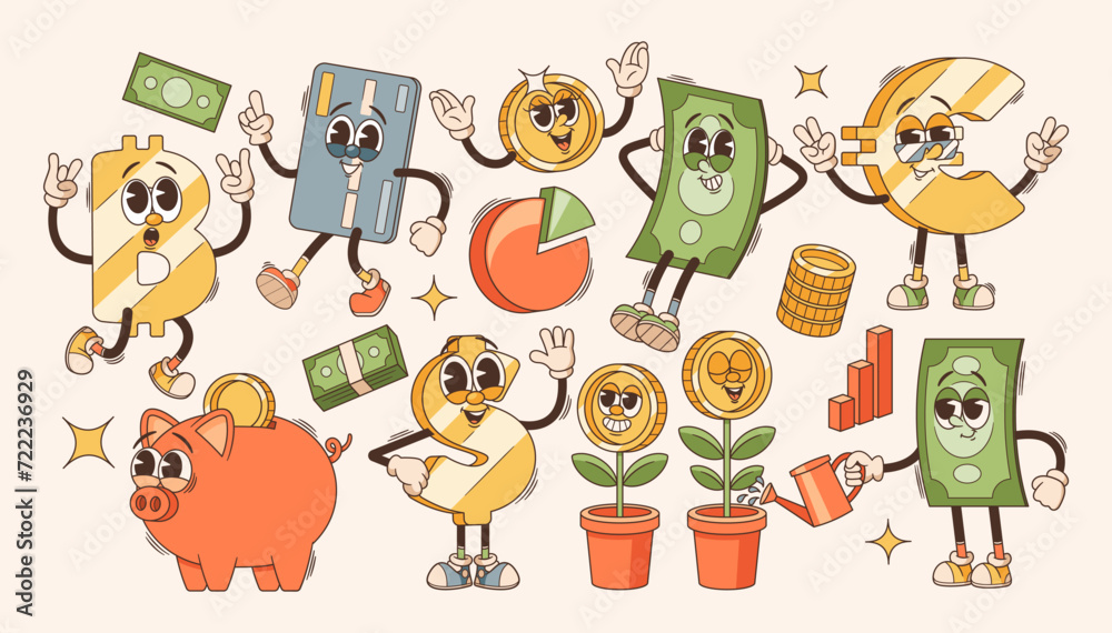 Obraz premium Funky Business Retro Cartoon Characters. Vector Money Flower, Piggy Bank and Credit Card, Euro, Dollar or Bitcoin