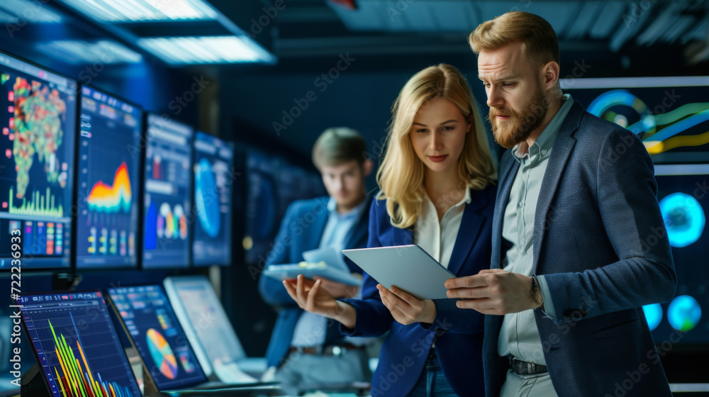 two professionals, a man and a woman, examining a tablet with serious expressions on their faces in a high-tech control room with multiple screens displaying various graphs and data visualizations - obrazy, fototapety, plakaty 
