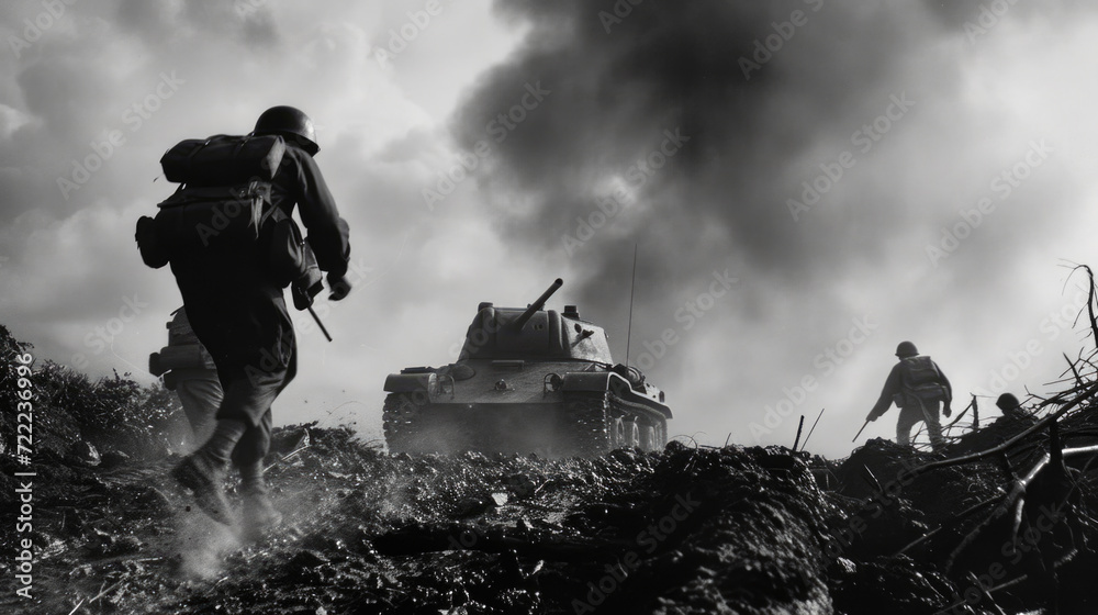 Historic Battle Scene with Tank Cannon and Soldiers, Vintage War Photo, Generative AI