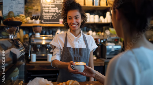 cheerful barista with curly hair is handing over a cup of cappuccino