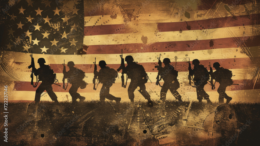 American Soldiers with American Flag in Background, Illustration of Freedom and War, Generative AI
