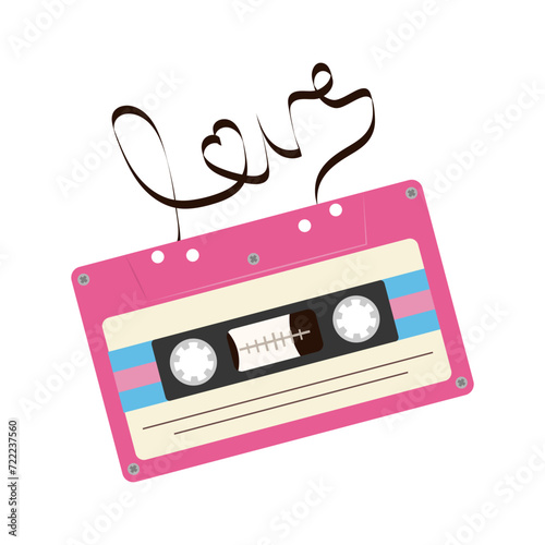 Pink music cassette. The inscription love made from analog magnetic audio tape. Favorite retro songs concept.