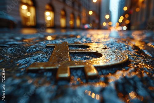 In the cold winter night, a jigsaw puzzle of city lights reflects off the golden sign on the ground, completing the outdoor building's dazzling street view