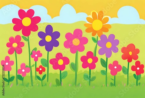 Colorful Cartoon Pink, Purple, Orange Flowers Growing in Summer with Clouds in the Background